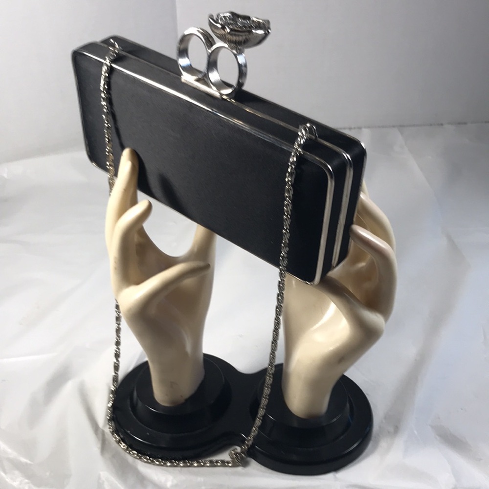 Women’s Black Satin Double Rhinestones Rings Hardshell Party Evening Clutch Bag - Picture 2 of 8